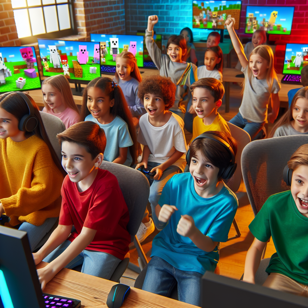 Grupo de crianças jogando Roblox em laptops